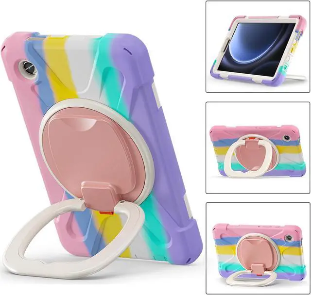 Alt view image 2 of 7 - BONAEVER Case for Samsung Galaxy Tab A9 8.7 Inch 2023 SM-X110/SM-X115/SM-117 Rugged Military Grade Shockproof Cover with Rotatable Stand and Strap Shoulder Strap Pencil Holder Pink