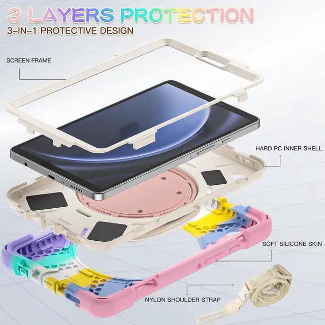 Alt view image 4 of 7 - BONAEVER Case for Samsung Galaxy Tab A9 8.7 Inch 2023 SM-X110/SM-X115/SM-117 Rugged Military Grade Shockproof Cover with Rotatable Stand and Strap Shoulder Strap Pencil Holder Pink
