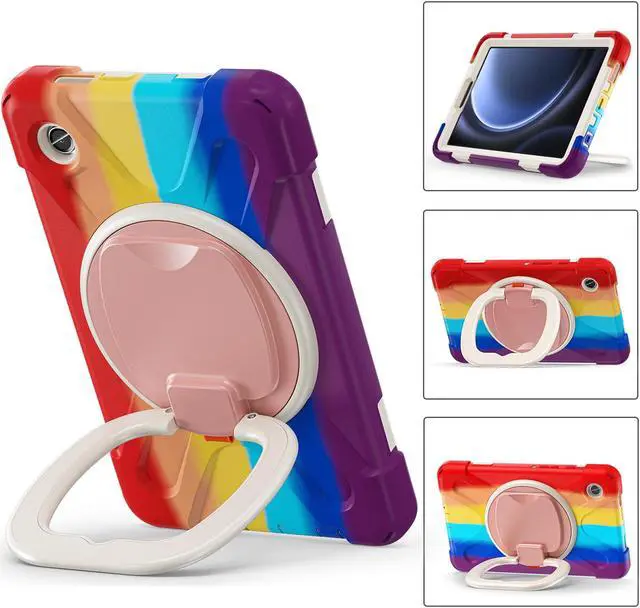 Alt view image 3 of 7 - BONAEVER Case for Samsung Galaxy Tab A9 8.7 Inch 2023 SM-X110/SM-X115/SM-117 Rugged Military Grade Shockproof Cover with Rotatable Stand and Strap Shoulder Strap Pencil Holder Rainbow Red