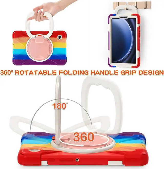 Alt view image 4 of 7 - BONAEVER Case for Samsung Galaxy Tab A9 8.7 Inch 2023 SM-X110/SM-X115/SM-117 Rugged Military Grade Shockproof Cover with Rotatable Stand and Strap Shoulder Strap Pencil Holder Rainbow Red