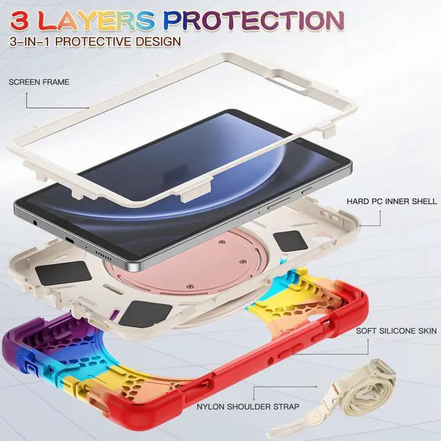 Alt view image 6 of 7 - BONAEVER Case for Samsung Galaxy Tab A9 8.7 Inch 2023 SM-X110/SM-X115/SM-117 Rugged Military Grade Shockproof Cover with Rotatable Stand and Strap Shoulder Strap Pencil Holder Rainbow Red