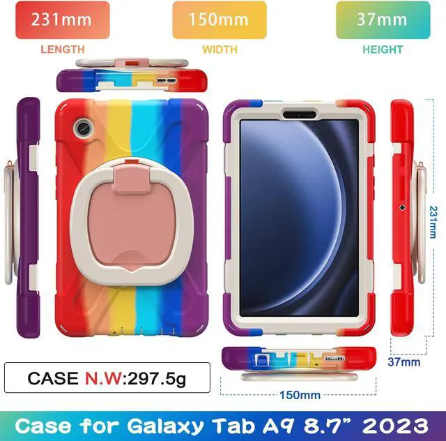 Alt view image 5 of 7 - BONAEVER Case for Samsung Galaxy Tab A9 8.7 Inch 2023 SM-X110/SM-X115/SM-117 Rugged Military Grade Shockproof Cover with Rotatable Stand and Strap Shoulder Strap Pencil Holder Rainbow Red
