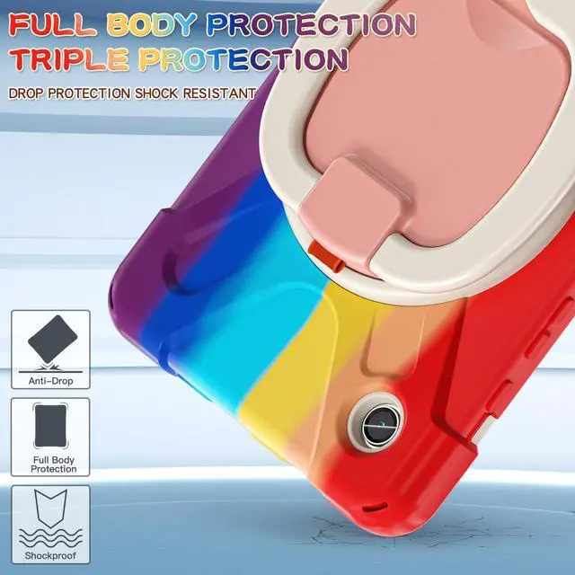 Alt view image 2 of 7 - BONAEVER Case for Samsung Galaxy Tab A9 8.7 Inch 2023 SM-X110/SM-X115/SM-117 Rugged Military Grade Shockproof Cover with Rotatable Stand and Strap Shoulder Strap Pencil Holder Rainbow Red