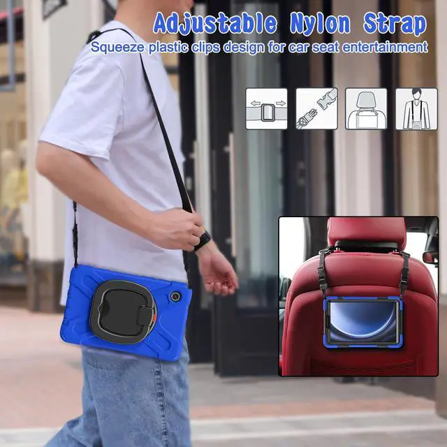 Alt view image 7 of 7 - BONAEVER Case for Samsung Galaxy Tab A9 8.7 Inch 2023 SM-X110/SM-X115/SM-117 Rugged Military Grade Shockproof Cover with Rotatable Stand and Strap Shoulder Strap Pencil Holder Blue