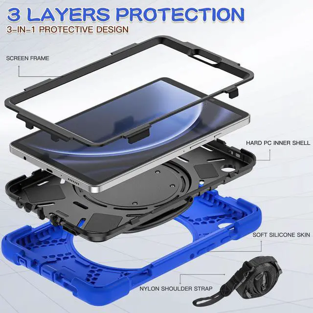 Alt view image 6 of 7 - BONAEVER Case for Samsung Galaxy Tab A9 8.7 Inch 2023 SM-X110/SM-X115/SM-117 Rugged Military Grade Shockproof Cover with Rotatable Stand and Strap Shoulder Strap Pencil Holder Blue