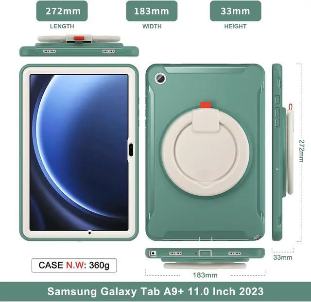 Alt view image 5 of 7 - BONAEVER Case for Samsung Galaxy Tab A9 Plus 11 Inch 2023 SM-X210/ SM-X215/SM-X216/SM-218 Rugged Military Grade Shockproof Cover with 360° Swivel Stand and Strap Pencil Holder Dark Green