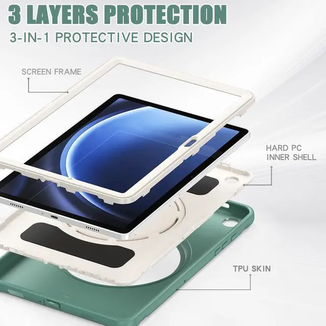 Alt view image 6 of 7 - BONAEVER Case for Samsung Galaxy Tab A9 Plus 11 Inch 2023 SM-X210/ SM-X215/SM-X216/SM-218 Rugged Military Grade Shockproof Cover with 360° Swivel Stand and Strap Pencil Holder Dark Green