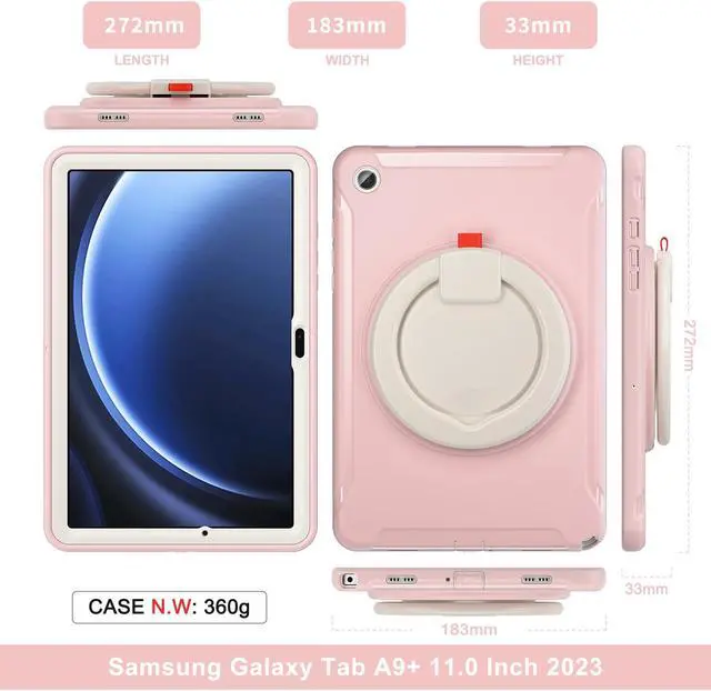 Alt view image 6 of 7 - BONAEVER Case for Samsung Galaxy Tab A9 Plus 11 Inch 2023 SM-X210/ SM-X215/SM-X216/SM-218 Rugged Military Grade Shockproof Cover with 360° Swivel Stand and Strap Pencil Holder Pink