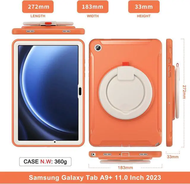 Alt view image 6 of 7 - BONAEVER Case for Samsung Galaxy Tab A9 Plus 11 Inch 2023 SM-X210/ SM-X215/SM-X216/SM-218 Rugged Military Grade Shockproof Cover with 360° Swivel Stand and Strap Pencil Holder Orange