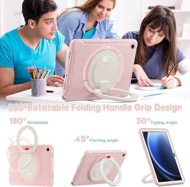 Alt view image 3 of 7 - BONAEVER Case for Samsung Galaxy Tab A9 Plus 11 Inch 2023 SM-X210/ SM-X215/SM-X216/SM-218 Rugged Military Grade Shockproof Cover with 360° Swivel Stand and Strap Pencil Holder Pink