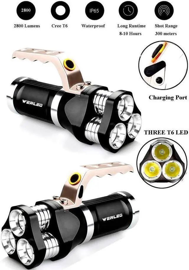 Alt view image 3 of 6 - BONAEVER Super Bright Rechargeable CREE T6 Tactical LED Flashlight Torch Outdoor Waterproof High Powered H held Spotlight Searchlight Dimmable Floodlight For Camping Lantern Hiking Hunting Emergency