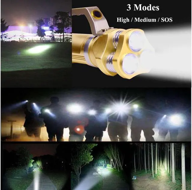 Alt view image 6 of 7 - Super Bright Rechargeable CREE T6 Tactical LED Flashlight Torch Outdoor Waterproof High Powered Handheld Spotlight Searchlight Dimmable Floodlight For Camping Lantern Hiking Hunting Emergency Gold