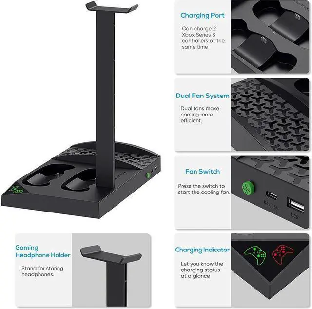 Alt view image 6 of 7 - Upgraded Cooling Stand for Xbox Series S Console with Controller Charging Station - Dual Powerful Cooling Fan & Controller Charger Dock with 2 x 1400mAh Rechargeable Batteries, Headset Holder for XSS