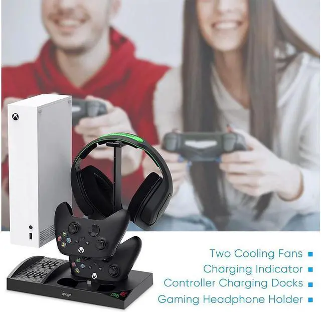 Alt view image 7 of 7 - Upgraded Cooling Stand for Xbox Series S Console with Controller Charging Station - Dual Powerful Cooling Fan & Controller Charger Dock with 2 x 1400mAh Rechargeable Batteries, Headset Holder for XSS