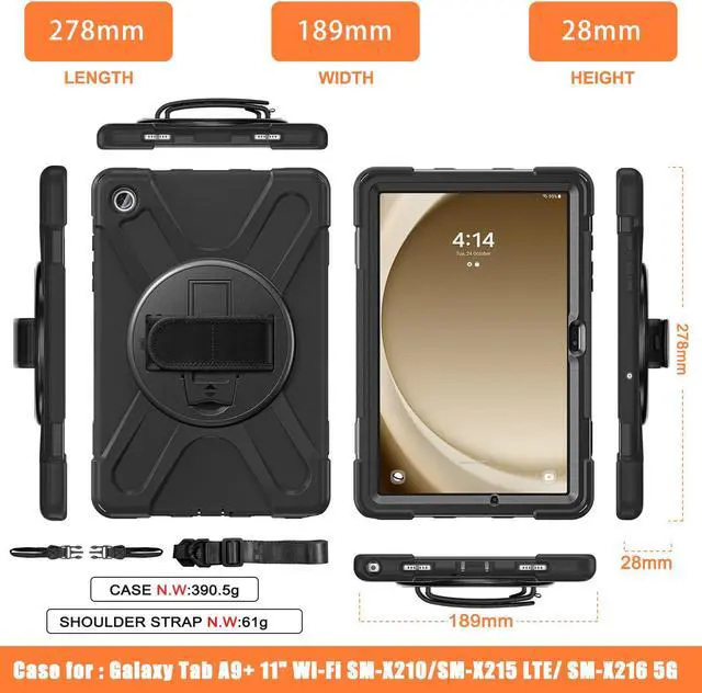 Alt view image 6 of 7 - BONAEVER Case for Samsung Galaxy Tab A9 Plus 11 Inch 2023 (SM-X210/X216/X218) Shockproof Hard Protective Cover with 360 Rotating Hand Strap & Stand +Shoulder Strap for Galaxy A9 Plus 11"