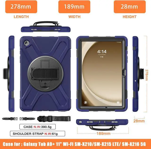 Alt view image 6 of 7 - BONAEVER Case for Samsung Galaxy Tab A9 Plus 11 Inch 2023 (SM-X210/X216/X218) Shockproof Hard Protective Cover with 360 Rotating Hand Strap & Stand +Shoulder Strap for Galaxy A9 Plus 11" Navy Blue