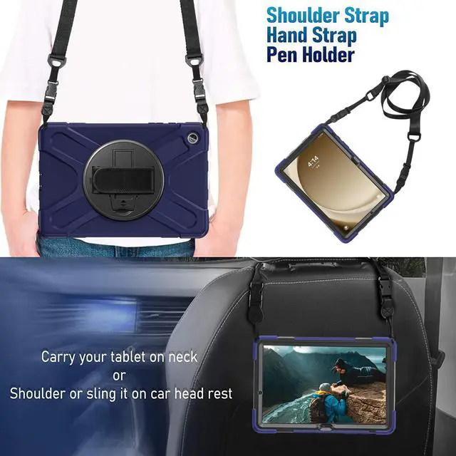 Alt view image 3 of 7 - BONAEVER Case for Samsung Galaxy Tab A9 Plus 11 Inch 2023 (SM-X210/X216/X218) Shockproof Hard Protective Cover with 360 Rotating Hand Strap & Stand +Shoulder Strap for Galaxy A9 Plus 11" Navy Blue
