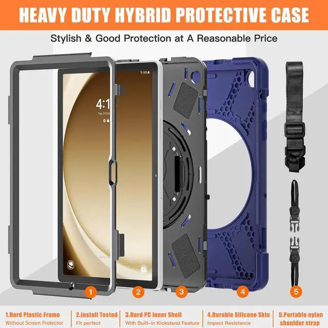 Alt view image 7 of 7 - BONAEVER Case for Samsung Galaxy Tab A9 Plus 11 Inch 2023 (SM-X210/X216/X218) Shockproof Hard Protective Cover with 360 Rotating Hand Strap & Stand +Shoulder Strap for Galaxy A9 Plus 11" Navy Blue