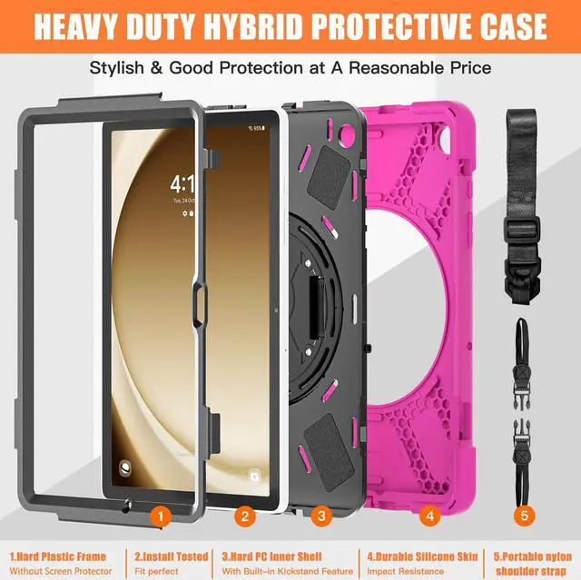 Alt view image 7 of 7 - BONAEVER Case for Samsung Galaxy Tab A9 Plus 11 Inch 2023 (SM-X210/X216/X218) Shockproof Hard Protective Cover with 360 Rotating Hand Strap & Stand +Shoulder Strap for Galaxy A9 Plus 11" Rose Red