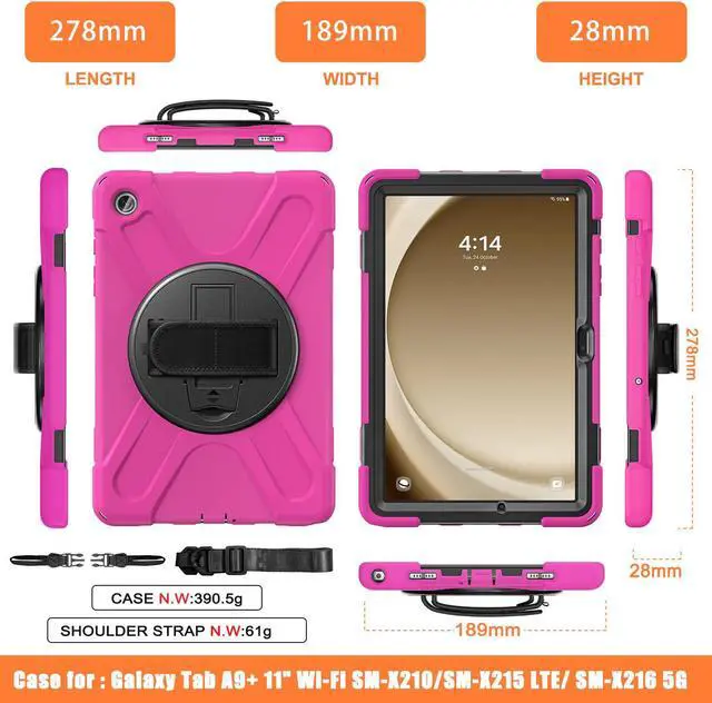 Alt view image 6 of 7 - BONAEVER Case for Samsung Galaxy Tab A9 Plus 11 Inch 2023 (SM-X210/X216/X218) Shockproof Hard Protective Cover with 360 Rotating Hand Strap & Stand +Shoulder Strap for Galaxy A9 Plus 11" Rose Red