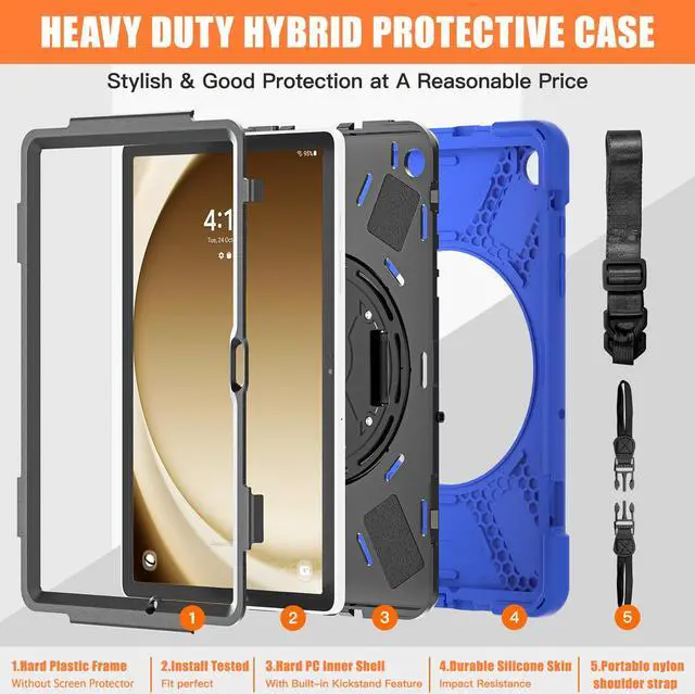 Alt view image 7 of 7 - BONAEVER Case for Samsung Galaxy Tab A9 Plus 11 Inch 2023 (SM-X210/X216/X218) Shockproof Hard Protective Cover with 360 Rotating Hand Strap & Stand +Shoulder Strap for Galaxy A9 Plus 11" Blue