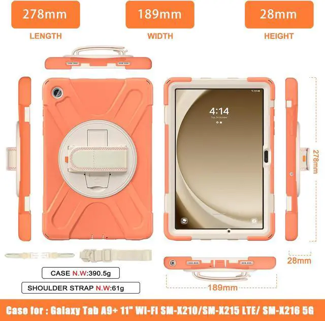 Alt view image 6 of 7 - BONAEVER Case for Samsung Galaxy Tab A9 Plus 11 Inch 2023 (SM-X210/X216/X218) Shockproof Hard Protective Cover with 360 Rotating Hand Strap & Stand +Shoulder Strap for Galaxy A9 Plus 11" Orange