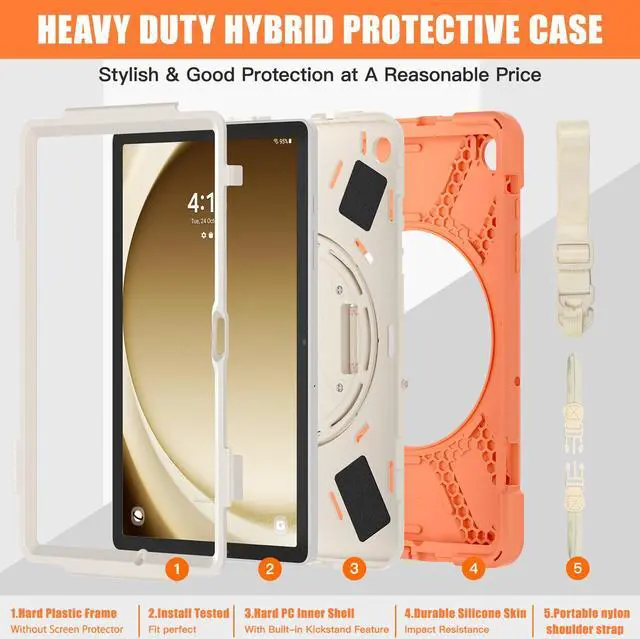 Alt view image 7 of 7 - BONAEVER Case for Samsung Galaxy Tab A9 Plus 11 Inch 2023 (SM-X210/X216/X218) Shockproof Hard Protective Cover with 360 Rotating Hand Strap & Stand +Shoulder Strap for Galaxy A9 Plus 11" Orange