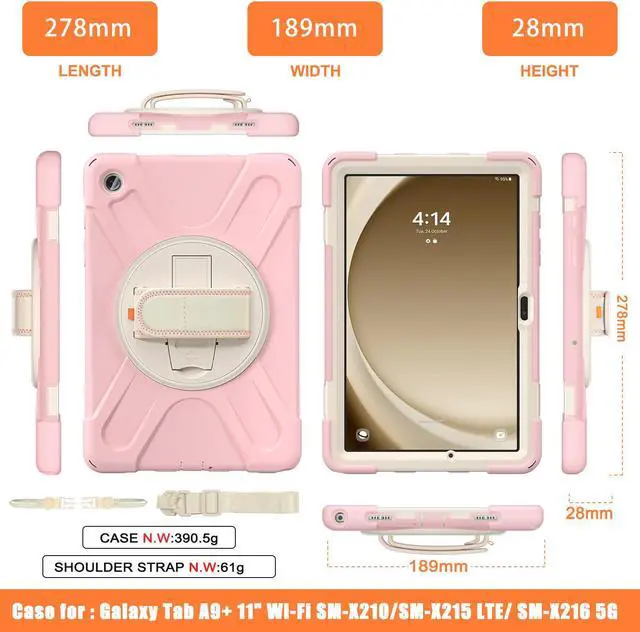 Alt view image 6 of 7 - BONAEVER Case for Samsung Galaxy Tab A9 Plus 11 Inch 2023 (SM-X210/X216/X218) Shockproof Hard Protective Covr with 360 Rotating Hand Strap & Stand +Shoulder Strap for Galaxy A9 Plus 11" Pink