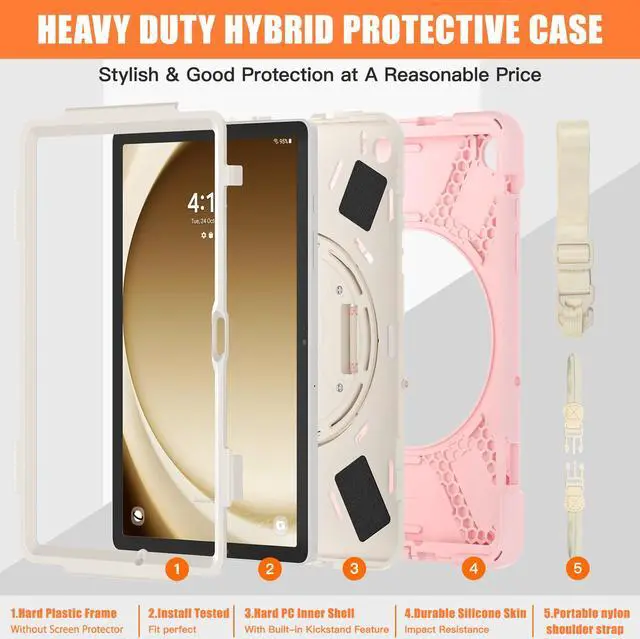 Alt view image 7 of 7 - BONAEVER Case for Samsung Galaxy Tab A9 Plus 11 Inch 2023 (SM-X210/X216/X218) Shockproof Hard Protective Covr with 360 Rotating Hand Strap & Stand +Shoulder Strap for Galaxy A9 Plus 11" Pink
