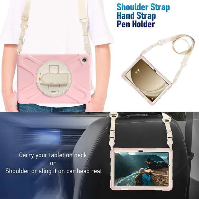 Alt view image 3 of 7 - BONAEVER Case for Samsung Galaxy Tab A9 Plus 11 Inch 2023 (SM-X210/X216/X218) Shockproof Hard Protective Covr with 360 Rotating Hand Strap & Stand +Shoulder Strap for Galaxy A9 Plus 11" Pink