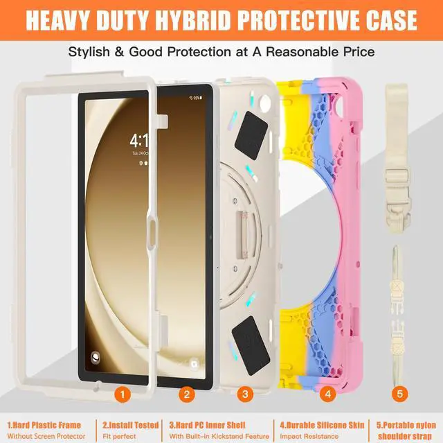 Alt view image 4 of 7 - BONAEVER Case for Samsung Galaxy Tab A9 Plus 11 Inch 2023 (SM-X210/X216/X218) Shockproof Hard Protective Cover with 360 Rotating Hand Strap & Stand +Shoulder Strap for Galaxy A9 Plus 11"