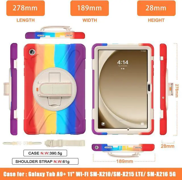 Alt view image 6 of 7 - BONAEVER Case for Samsung Galaxy Tab A9 Plus 11 Inch 2023 (SM-X210/X216/X218) Shockproof Hard Protective Cover with 360 Rotating Hand Strap & Stand +Shoulder Strap for Galaxy A9 Plus 11" Rainbow