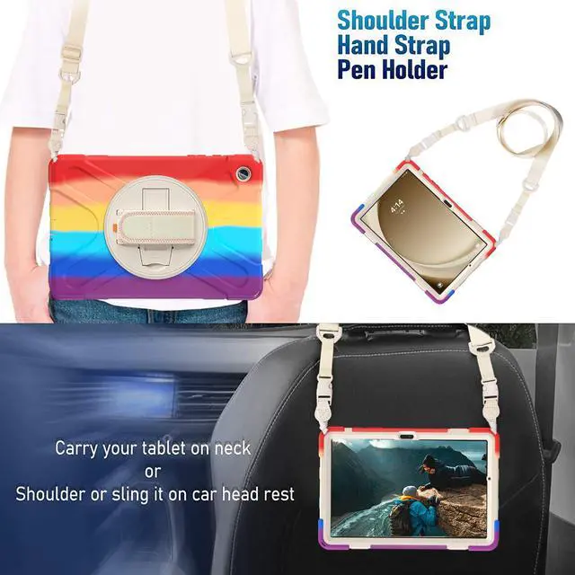 Alt view image 3 of 7 - BONAEVER Case for Samsung Galaxy Tab A9 Plus 11 Inch 2023 (SM-X210/X216/X218) Shockproof Hard Protective Cover with 360 Rotating Hand Strap & Stand +Shoulder Strap for Galaxy A9 Plus 11" Rainbow
