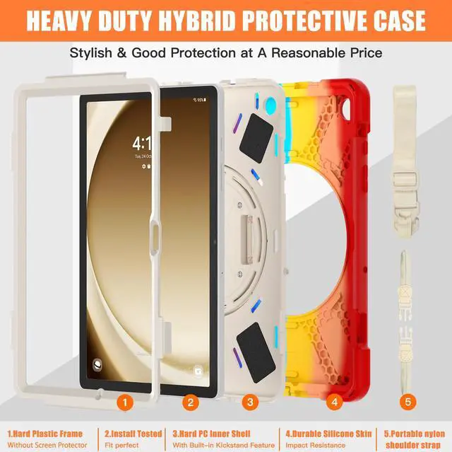 Alt view image 7 of 7 - BONAEVER Case for Samsung Galaxy Tab A9 Plus 11 Inch 2023 (SM-X210/X216/X218) Shockproof Hard Protective Cover with 360 Rotating Hand Strap & Stand +Shoulder Strap for Galaxy A9 Plus 11" Rainbow