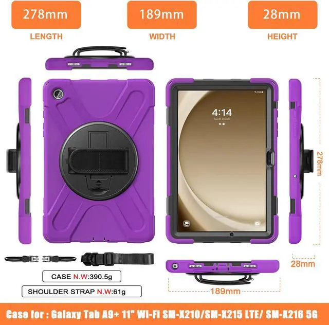 Alt view image 6 of 7 - BONAEVER Case for Samsung Galaxy Tab A9 Plus 11 Inch 2023 (SM-X210/X216/X218) Shockproof Hard Protective Covr with 360 Rotating Hand Strap & Stand +Shoulder Strap for Galaxy A9 Plus 11" Purple