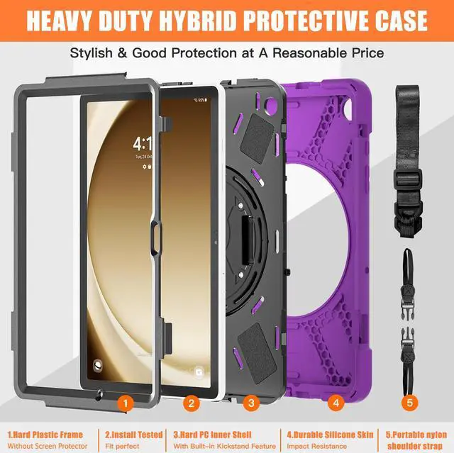 Alt view image 7 of 7 - BONAEVER Case for Samsung Galaxy Tab A9 Plus 11 Inch 2023 (SM-X210/X216/X218) Shockproof Hard Protective Covr with 360 Rotating Hand Strap & Stand +Shoulder Strap for Galaxy A9 Plus 11" Purple