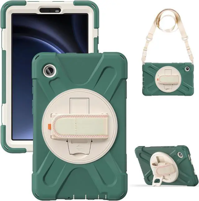 Main image of BONAEVER Shockproof Case for Samsung Galaxy Tab A9 Case 8.7 Inch 2023 SM-X110/SM-X115/SM-117 with Pen Holder & 360 Rotating Hand Strap/Shoulder Strap Stand and Protective Cover Dark Green