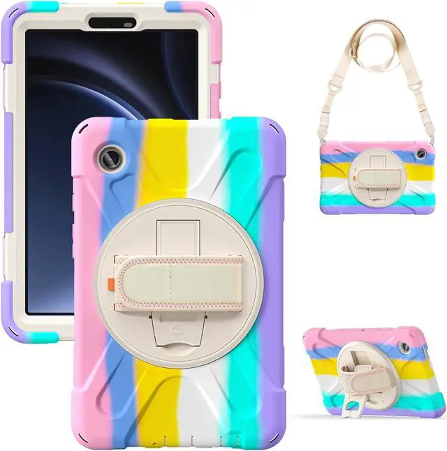 Main image of BONAEVER Shockproof Case for Samsung Galaxy Tab A9 Case 8.7 Inch 2023 SM-X110/SM-X115/SM-117 with Pen Holder & 360 Rotating Hand Strap/Shoulder Strap Stand and Protective Cover Pink/White