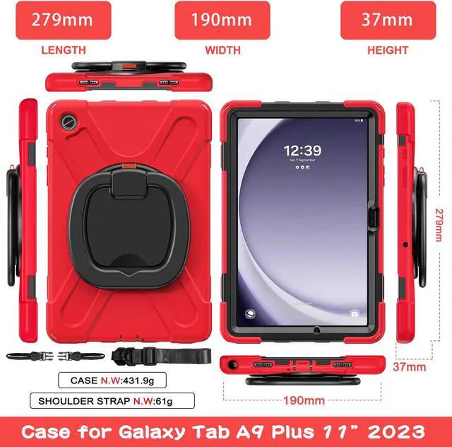 Alt view image 6 of 7 - BONAEVER Case for Samsung Galaxy Tab A9 Plus 11 inch 2023 Model SM-X210/X216/X218 with 360° Rotating Stand and Strap & Shoulder Strap Shockproof Cover for Galaxy Tab A9 Plus 11" Red