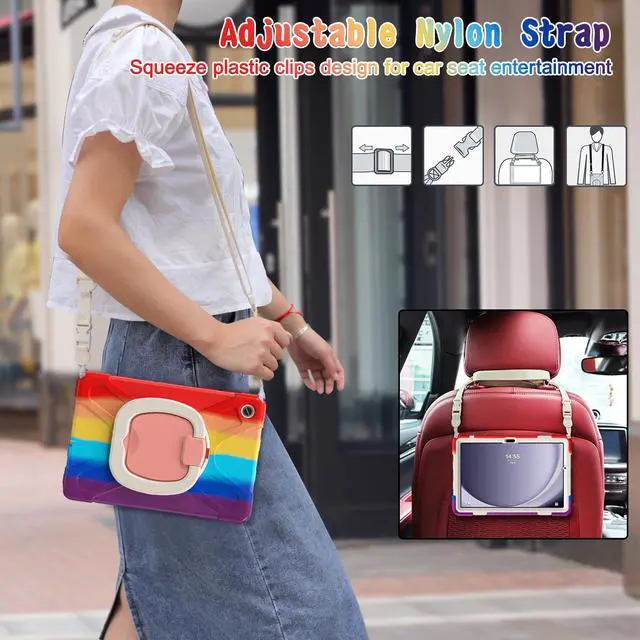 Alt view image 5 of 7 - BONAEVER Case for Samsung Galaxy Tab A9 Plus 11 inch 2023 Model SM-X210/X216/X218 with 360° Rotating Stand and Strap & Shoulder Strap Shockproof Cover for Galaxy Tab A9 Plus 11" Rainbow Red