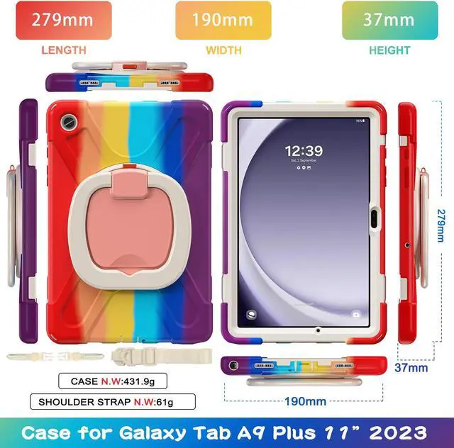 Alt view image 6 of 7 - BONAEVER Case for Samsung Galaxy Tab A9 Plus 11 inch 2023 Model SM-X210/X216/X218 with 360° Rotating Stand and Strap & Shoulder Strap Shockproof Cover for Galaxy Tab A9 Plus 11" Rainbow Red