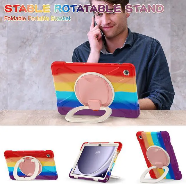 Alt view image 3 of 7 - BONAEVER Case for Samsung Galaxy Tab A9 Plus 11 inch 2023 Model SM-X210/X216/X218 with 360° Rotating Stand and Strap & Shoulder Strap Shockproof Cover for Galaxy Tab A9 Plus 11" Rainbow Red