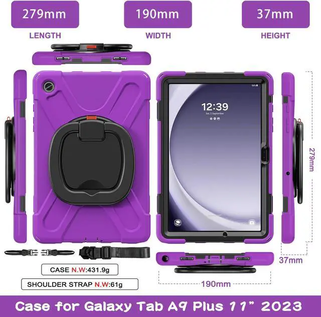 Alt view image 6 of 7 - BONAEVER Case for Samsung Galaxy Tab A9 Plus 11 inch 2023 Model SM-X210/X216/X218 with 360° Rotating Stand and Strap & Shoulder Strap Shockproof Cover for Galaxy Tab A9 Plus 11" Purple