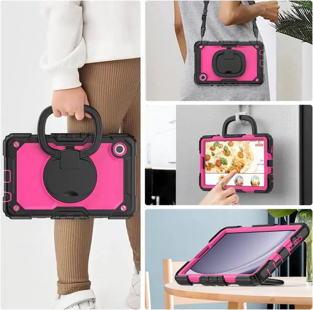 Alt view image 6 of 7 - BONAEVER Case for Samsung Galaxy Tab A9 Case 8.7 inch 2023 (SM-X110/X115/X117) with Built-in Screen Protector 360° Rotating Stand and Strap&Shoulder Strap Case for Galaxy Tab A9 2023 Rose Red
