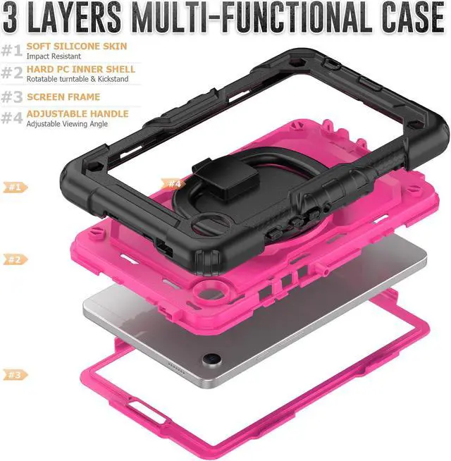 Alt view image 7 of 7 - BONAEVER Case for Samsung Galaxy Tab A9 Case 8.7 inch 2023 (SM-X110/X115/X117) with Built-in Screen Protector 360° Rotating Stand and Strap&Shoulder Strap Case for Galaxy Tab A9 2023 Rose Red