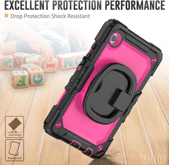 Alt view image 3 of 7 - BONAEVER Case for Samsung Galaxy Tab A9 Case 8.7 inch 2023 (SM-X110/X115/X117) with Built-in Screen Protector 360° Rotating Stand and Strap&Shoulder Strap Case for Galaxy Tab A9 2023 Rose Red