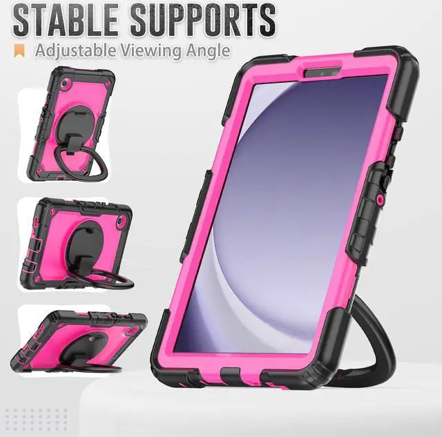 Alt view image 4 of 7 - BONAEVER Case for Samsung Galaxy Tab A9 Case 8.7 inch 2023 (SM-X110/X115/X117) with Built-in Screen Protector 360° Rotating Stand and Strap&Shoulder Strap Case for Galaxy Tab A9 2023 Rose Red