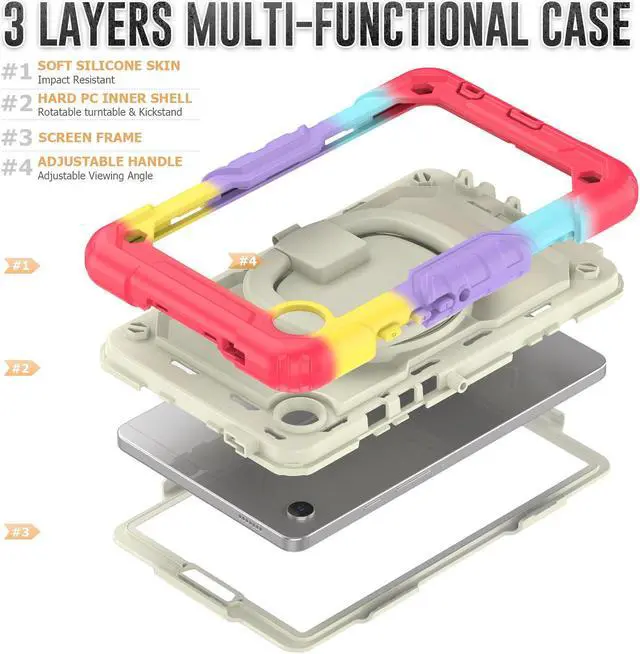 Alt view image 5 of 7 - BONAEVER Case for Samsung Galaxy Tab A9 Case 8.7 inch 2023 (SM-X110/X115/X117) with Built-in Screen Protector 360° Rotating Stand and Strap&Shoulder Strap Case for Galaxy Tab A9 2023 Rainbow Red