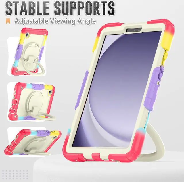 Alt view image 4 of 7 - BONAEVER Case for Samsung Galaxy Tab A9 Case 8.7 inch 2023 (SM-X110/X115/X117) with Built-in Screen Protector 360° Rotating Stand and Strap&Shoulder Strap Case for Galaxy Tab A9 2023 Rainbow Red