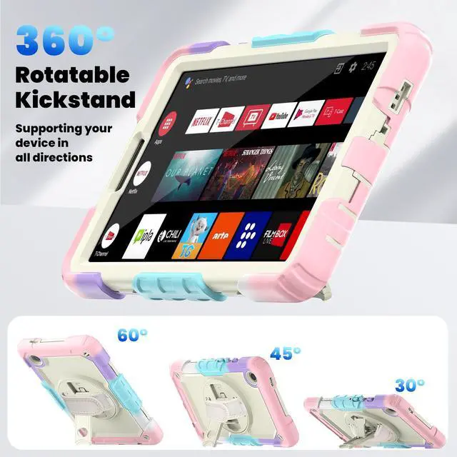 Alt view image 4 of 7 - Case for Samsung Galaxy Tab A9 8.7 Inch 2023 Model SM-X110/X115/X117 - Shockproof with 360° Rotating Kickstand&Hand Strap, Screen Protector, Adjustable Shoulder Strap for Galaxy Tab A9 8.7" Pink
